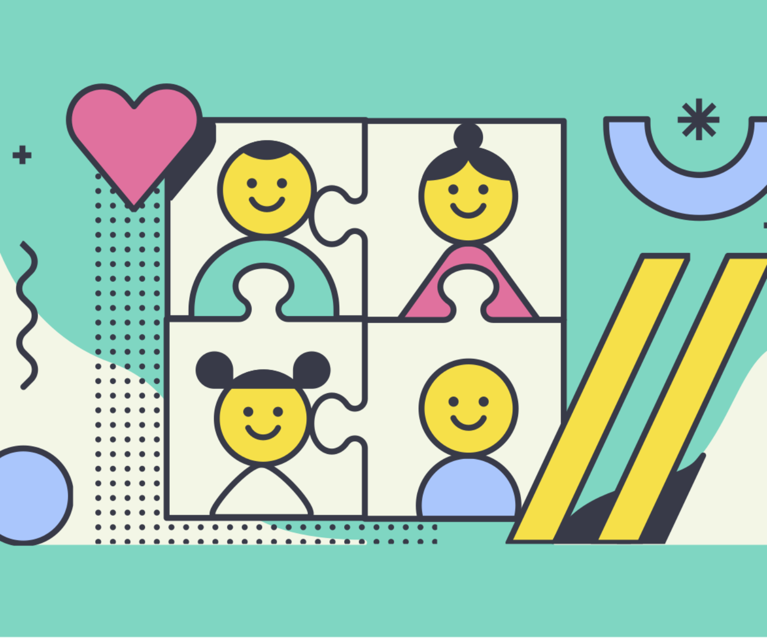 An illustration of cartoonish faces in a puzzle to promote inclusion