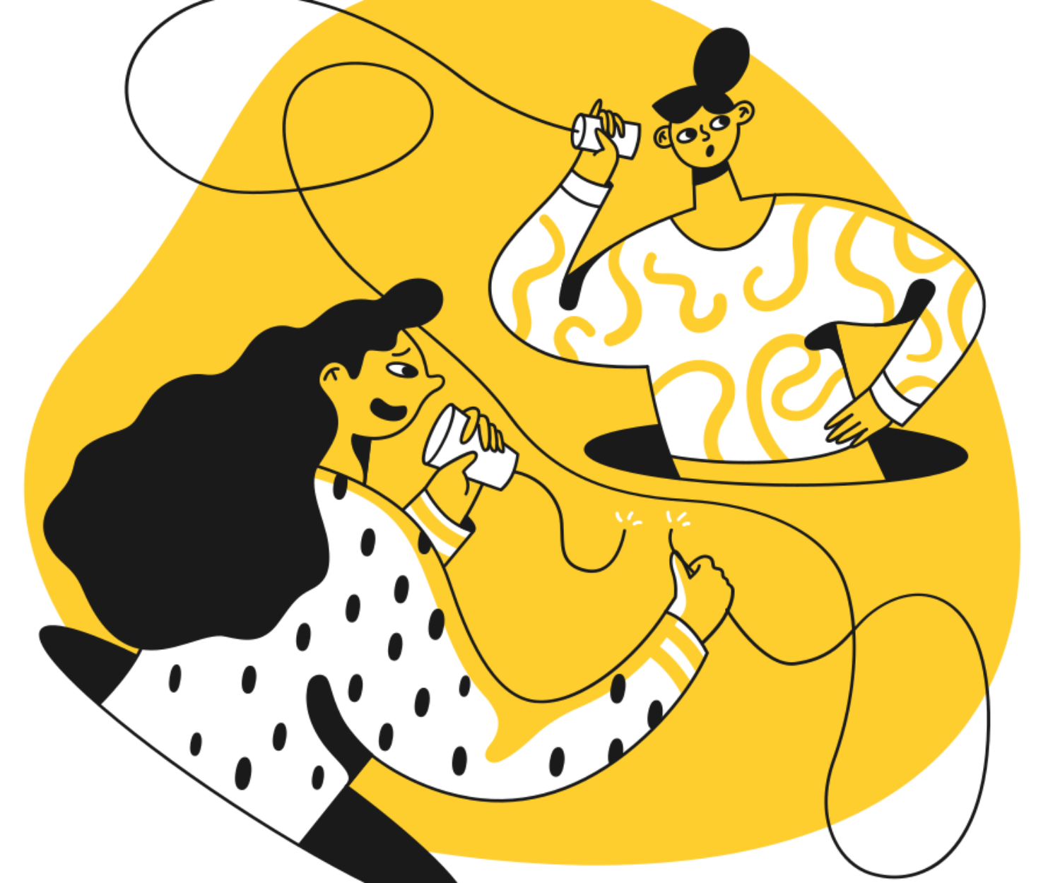 two people trying to communicate but the wire is cut off